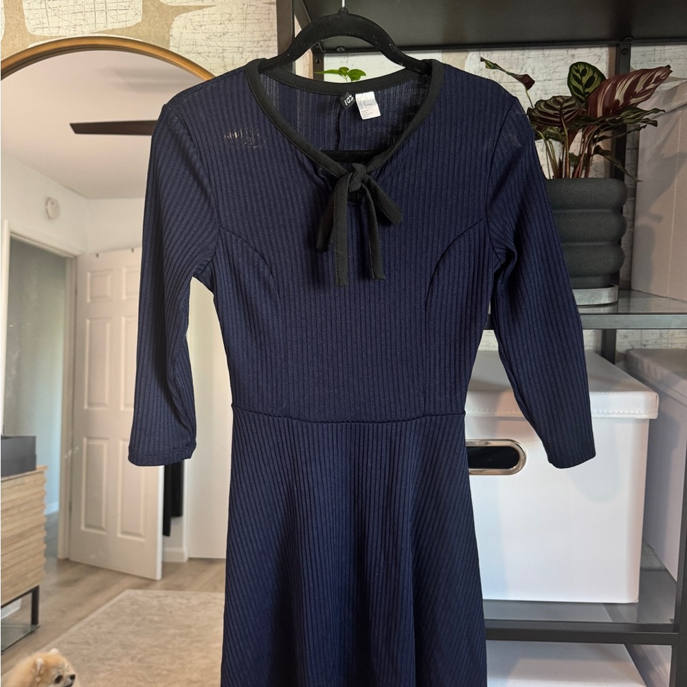 Navy Blue Ribbed Dress with Bow Detail